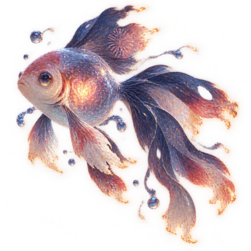 Kingyo Ember: ikan mas besar bertubuh gelembung air bening dengan jantung bara dan sirip kertas yang terbakar pelan.