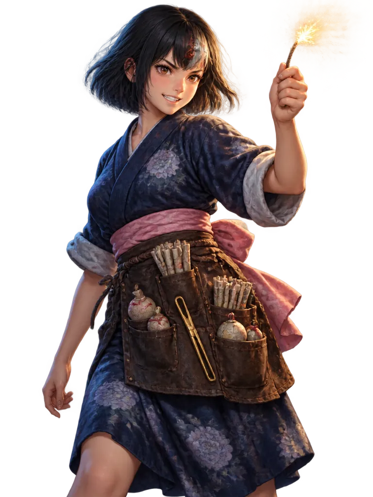 Mio Ashiro, rambut bob dengan poni hangus, yukata indigo dan selempang merah muda, celemek penuh sumbu, mengangkat sumbu menyala.